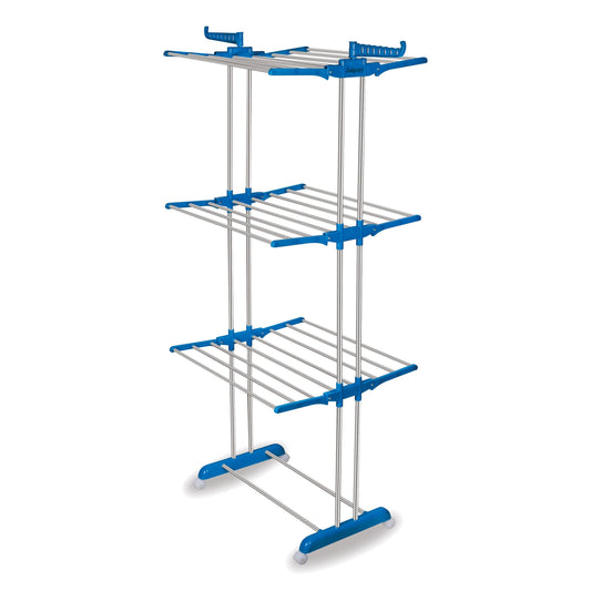 Cloth Drying Stand(Rack) Rust-Free Stainless Steel & 2 Pole, 3 Layer Fold-able Clothes Dryer Rack / Folding Laundry Dry Stands with Wheels for Home, Indoor, Outdoor, Balcony KiviiKart